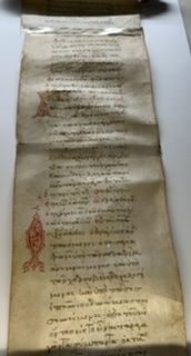 die Schriftrolle mit der Göttlichen Liturgie des heiligen Johannes Chrysostomus Pergament Schenkung des Klosters Dousikou, Thessalien 12.-13. Jahrhundert